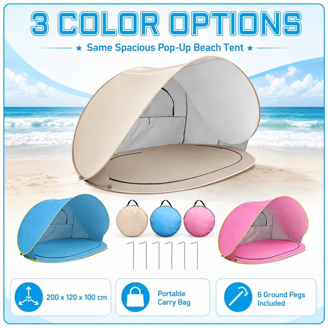 ZVD Tente de Plage Pop Up 3-4 Personnes, Anti-UV UPF 50+Camping (Blanc) | Abri de Plage Coupe-Vent avec Sol Amovible, Pare-Soleil Portable pour Plage, Camping, Jardin, Pique-Nique et Pêche