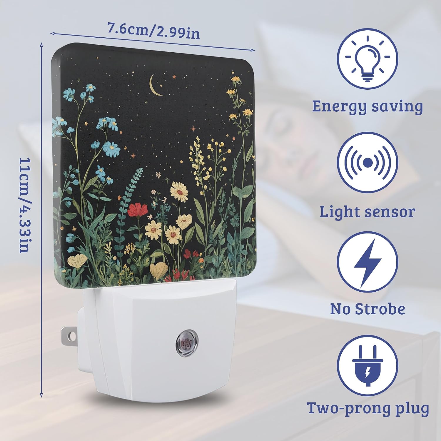 Black Wild Flowers Night Light, Plug-into Wall Nightlight with Dusk to Dawn Sensor, Energy Efficient Lamp for Bedroom/Bathroom/Kitchen/Hallway/Stairs image 2