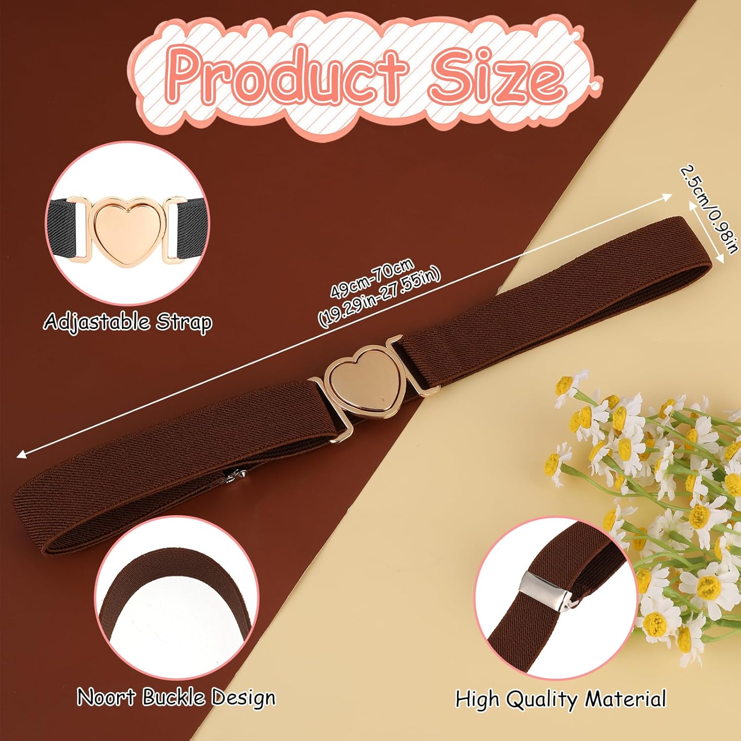 2 Pack Girls Elastic Belts, Adjustable Kids Belt Heart-Shaped Metal Buckle Waist Belt for Dress Pants Jeans - Image 2