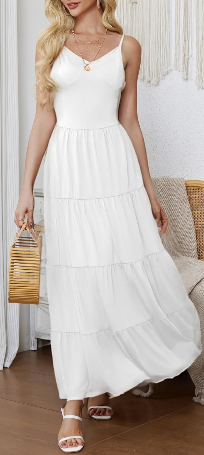 HipGlamp Women's Summer Flowy Tiered Maxi Dress Elegant Spaghetti Strap with Ruffled Skirt Beach Vacations Parties - Image 4
