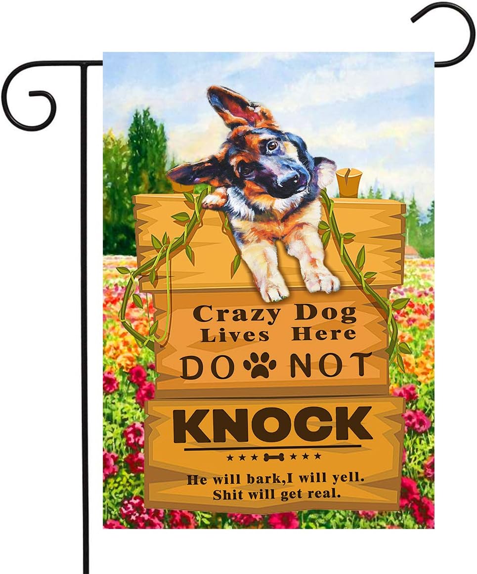 Crazy Dogs Live Here Flag Do Not Knock Sign Flag German Shepherd Garden Flag Dog Yard Flags for Outside Lawn Decor 12 x 18