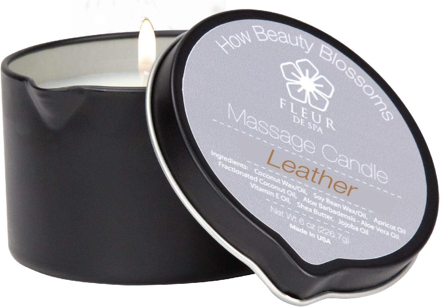 FLEUR DE SPA Massage Oil Candle – 6oz with Pour Spout – Made in USA – All Natural Coconut & Soy Blend – Melts to Warm, Alluring & Hydrating Body Oil – Perfect Spa & Gift Candle (Leather)