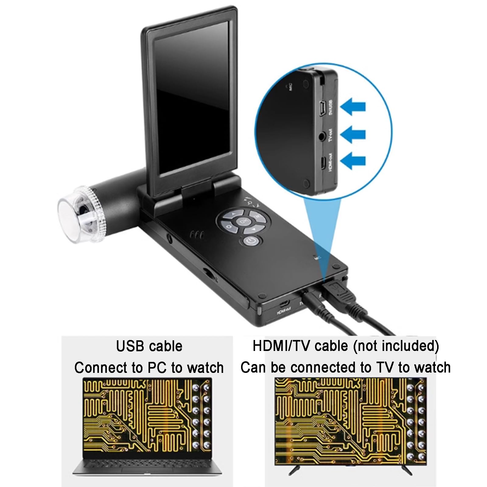 Microscopio Digitale Portatile, Ingranditore 10-300X, con Schermo LCD da 4 Pollici, Funzione Foto/Video, 8 Luci LED, Uscita di Supporto, per Piante, Monete, Diamanti