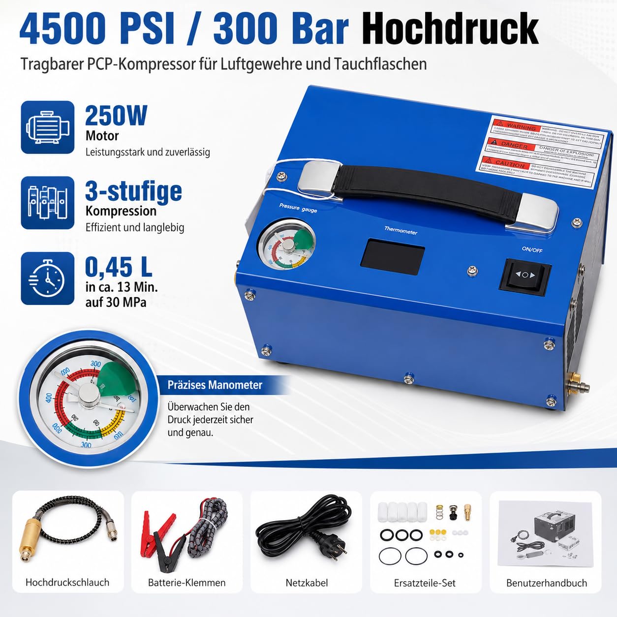 PCP Compressore Automatico 4500psi 300 bar 250W Auto Stop Pompa ad Alta Pressione