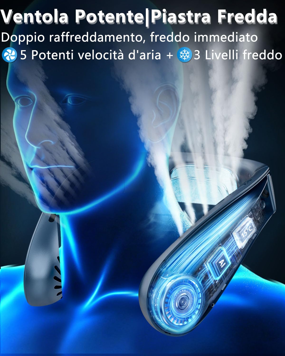 Ventilatore da Collo Raffreddatore Condizionatore Portatile, Mini Neck Fan Silenzioso con 3 Temperature e 5 Velocità, Batteria 5500mAh Potente Autonomia 15 Ore, per Mezzi Pubblici e Vita in Città