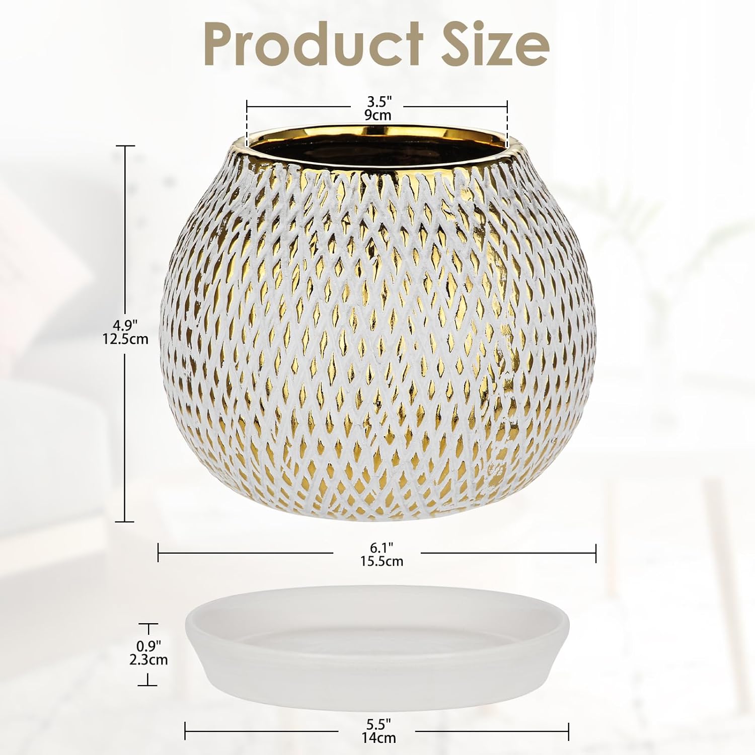 Ceramic Plant Pots for Plants Indoor 6.1 Inch Round Gold and White Flower Pot Gilded Decorative Planter with Drainage Hole and Saucer Modern Ceramic Pot for Succulents Orchids Cactus Herbs Home Decor