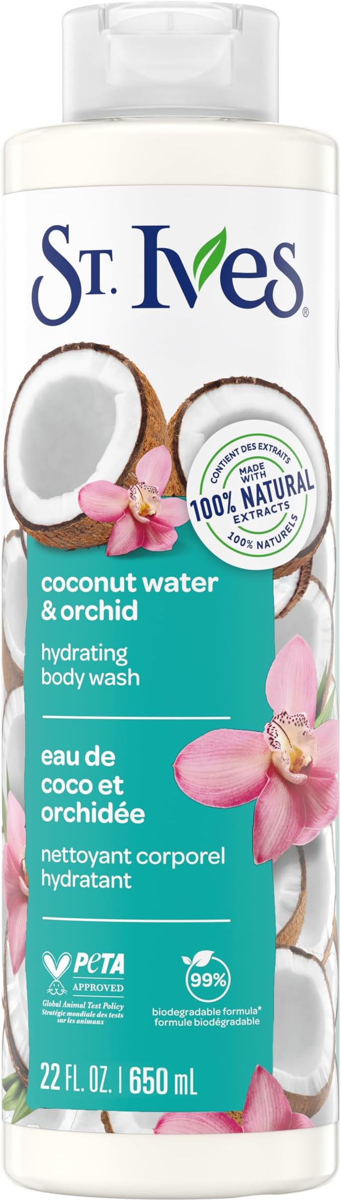 Unilever St. Ives Hydrating Body Wash| Shower gel for women with Moisturizing extracts of Coconut Water & Orchid|100% Natural Extracts | Cruelty Free | Paraben Free |650ml, Transparent