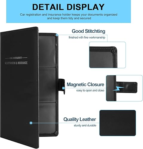 Miniatura 2 de GNEGNI - Tarjetero para tarjetas de registro de automóvil y seguro de cuero, soporte para documentos para vehículos con cierre magnético, para