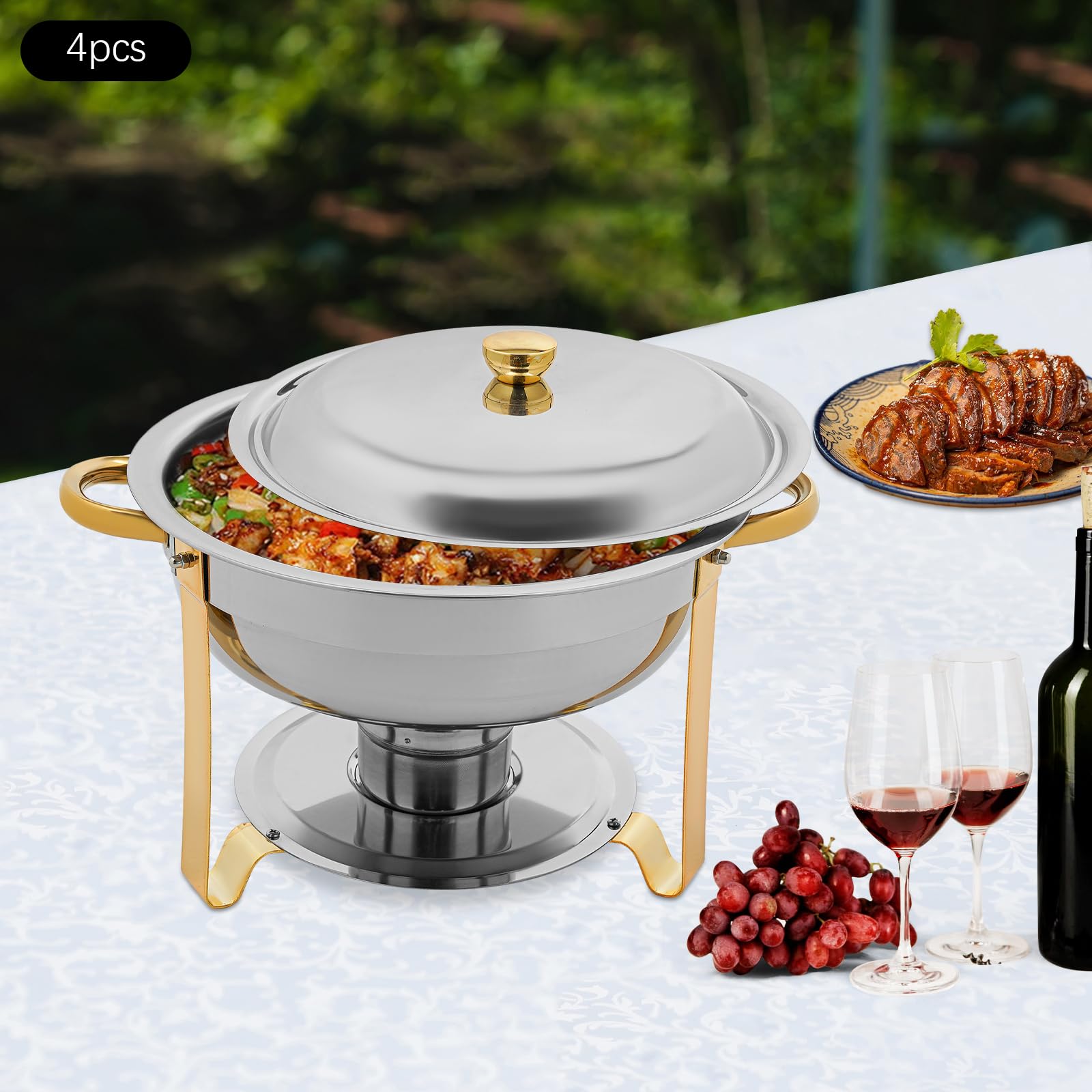 Chafing Dish Buffet, set di 4 scaldavivande da 4,5 l, in acciaio inox, per alimenti, rotondi, per catering, argento e oro, con coperchio, serbatoio dell'acqua e porta combustibile