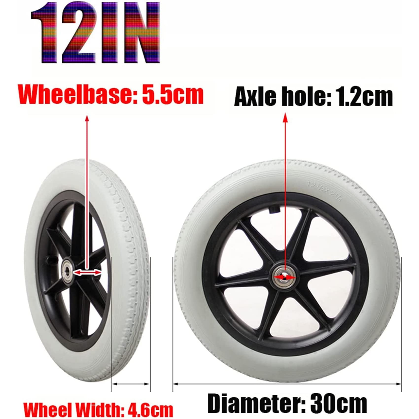 NLAVW 2 uds Rueda Trasera para Silla de Ruedas de 12 Pulgadas, Ruedas para Silla de Ruedas no inflables y a Prueba de pinchazos, Ruedas Grises rodamientos Fuertes
