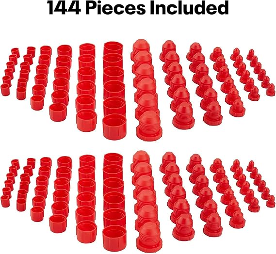Plastic AN Fitting Cap and Plug Kit, 144-Piece Set, Multiple AN Cap Sizes | Seals Hose Ends During Service, Keeps Dirt Out Of Fluid Lines, Premium Red Plastic for Increased Durability