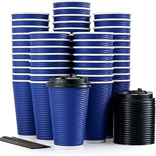 LITOPAK 80 Pack 16 oz Disposable Coffee Cups, Insulated Ripple Wall Paper Coffee Cups, Hot Paper Cups, Three Layer Insulated Coffee Cups with Lid and Straws for Parties, Picnics, and Travel.