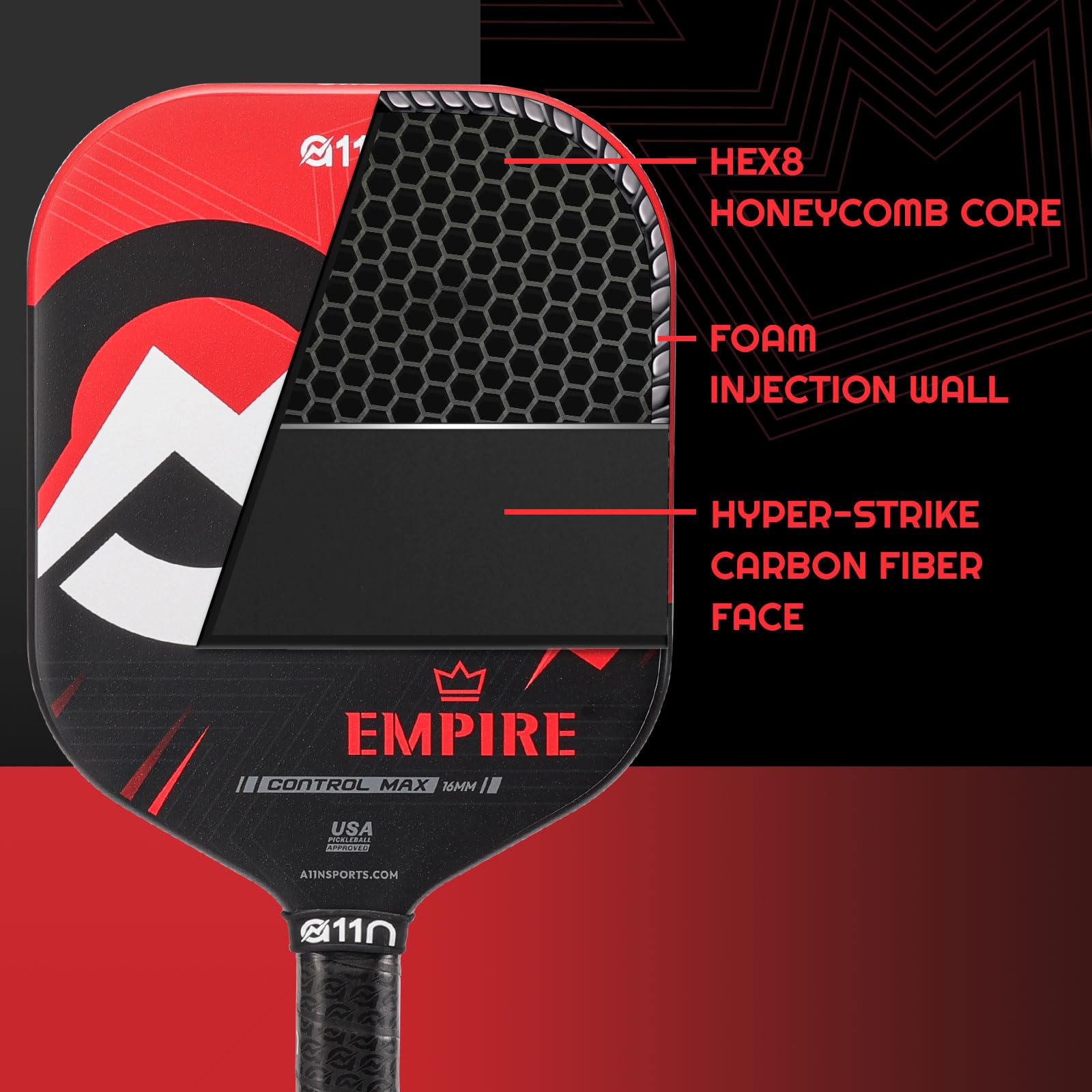 A11N Empire Thermoformed Pickleball Paddle - Carbon Fiber With SuperGrit Texture & Extended Handle