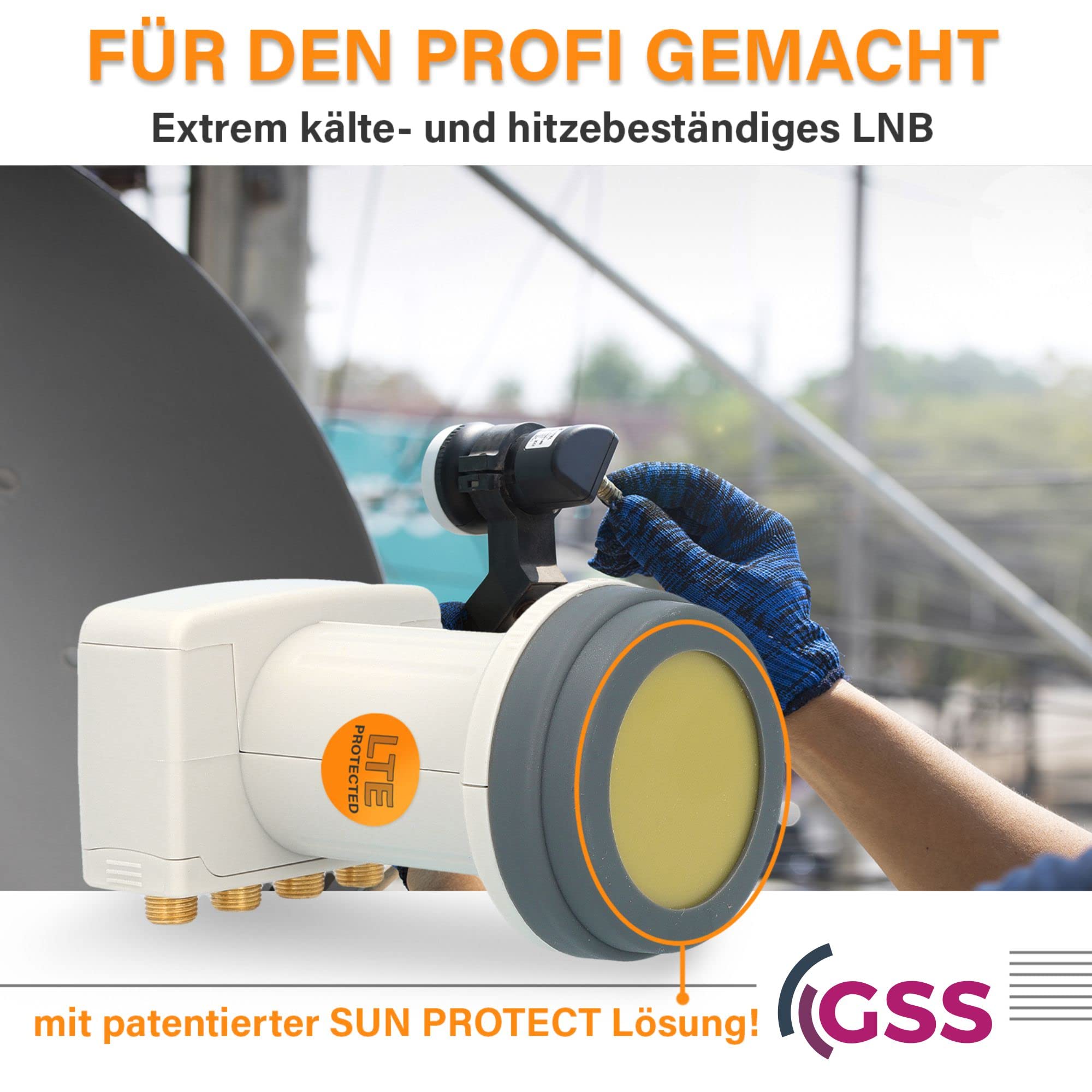 [ Test SEHR GUT, Note 1.2 *] GSS Helios Quad LNB mit LTE Abschirmung & Sun Protect UV Schutz, 4Fach HD 4K LNB für 4 Teilnehmer für Direktanschluss (TV Fernseher, Sat Receiver) LMB für Satelliten