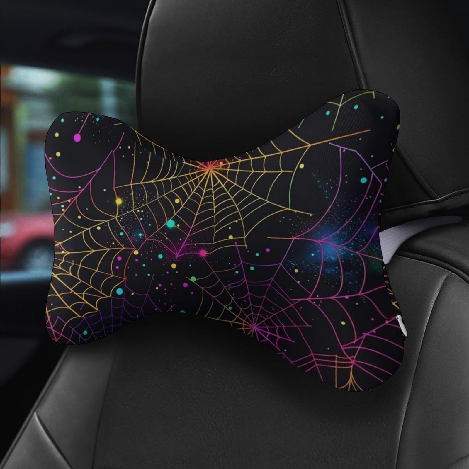 SMAZDFXX Colorful Neon Spider Web Halloween Car Neck Pillow Set of 2 Car Seat Head Support Cushion Bone Pillows with Elastic Strap