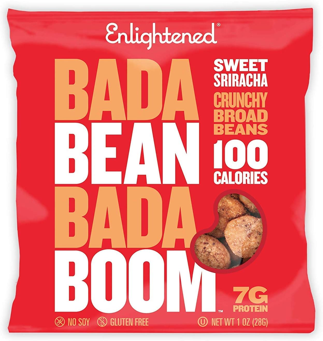 Bada Bean Bada Boom - Plant-Based Protein, Gluten Free, Vegan, Crunchy Roasted Broad (Fava) Bean Snacks, 110 Calories per Serving, Sriracha, 1 oz, 24 Pack