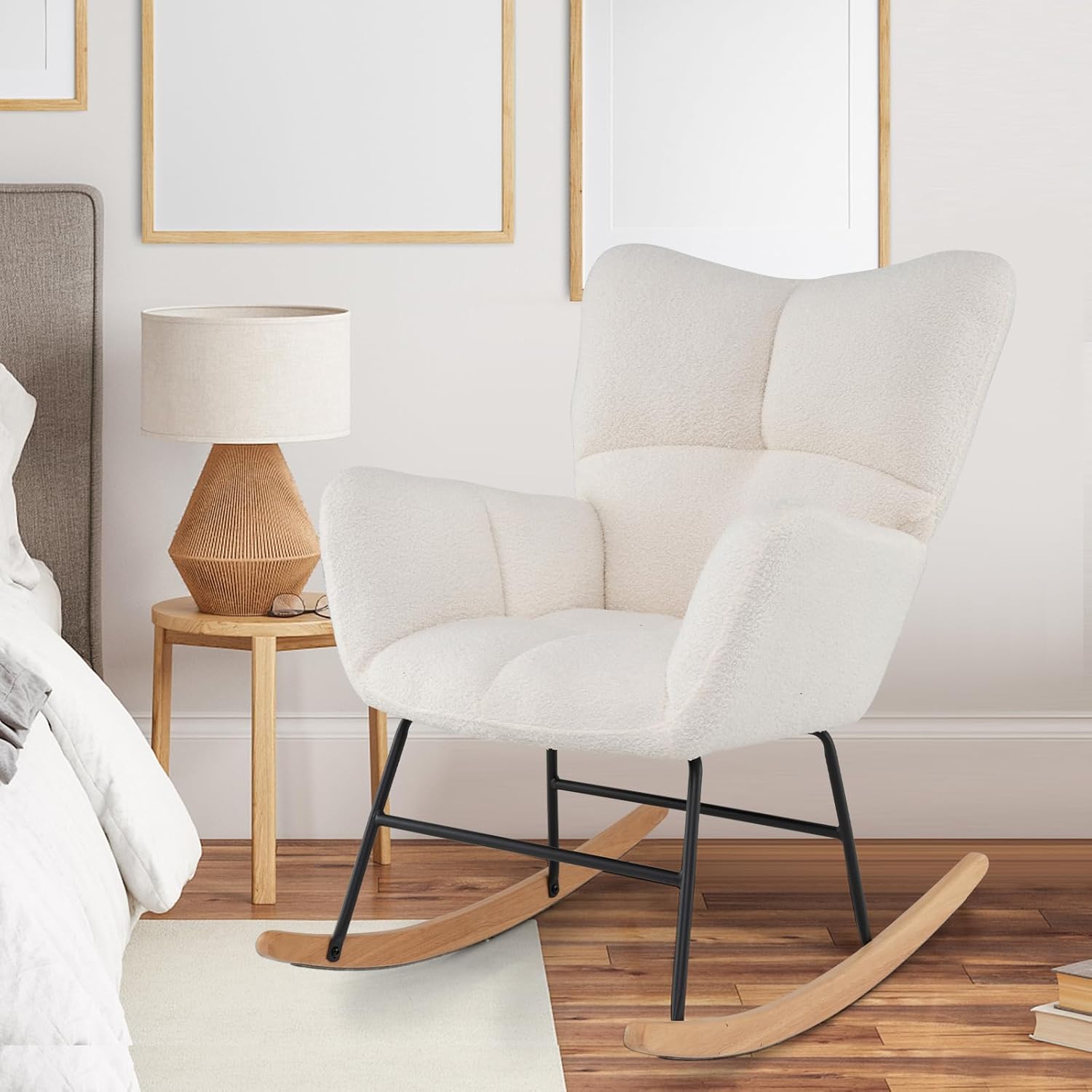 KOMFOTT Nursery Rocking Chair, Teddy Upholstered Glider Rocker with High Backrest, Modern Armchair Reading Chair with Padded Seat, Comfy Sherpa Accent Chairs for Living Room, Bedroom, Office, Beige