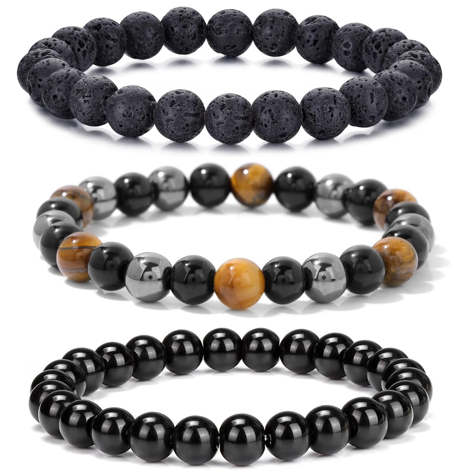 Crgwxzl Mens Beaded Bracelet Cross 8MM Natural Stone Bracelet Set Stretch Tiger Eye Lava Rock Bracelets for Men