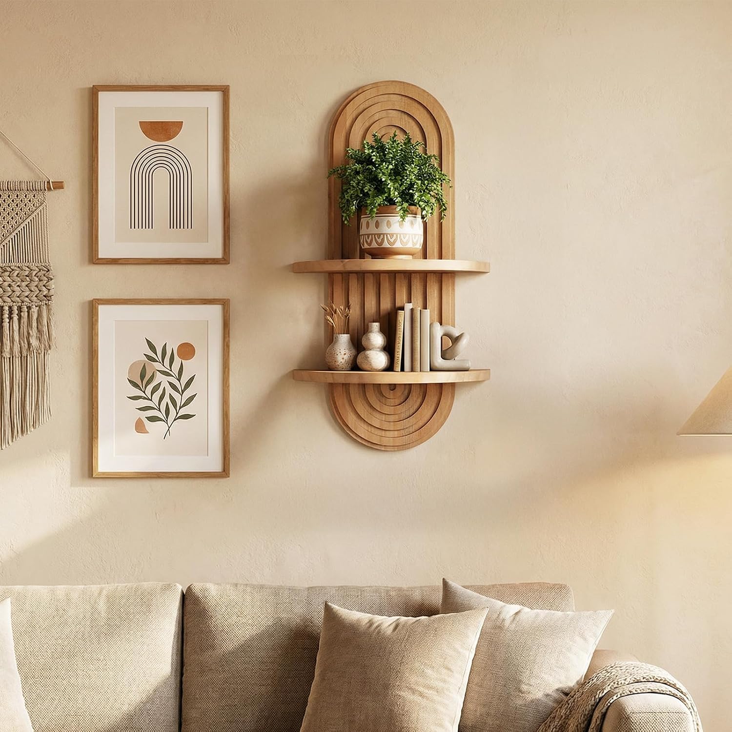 2 Pcs Boho Wall Shelf Rainbow Arch Wooden Floating Shelf Mid Century Bohemian Hanging Holder Double Vintage Wall Mount Altar Decor for Bedroom 16.7 x 5.9 Inches(Brown)