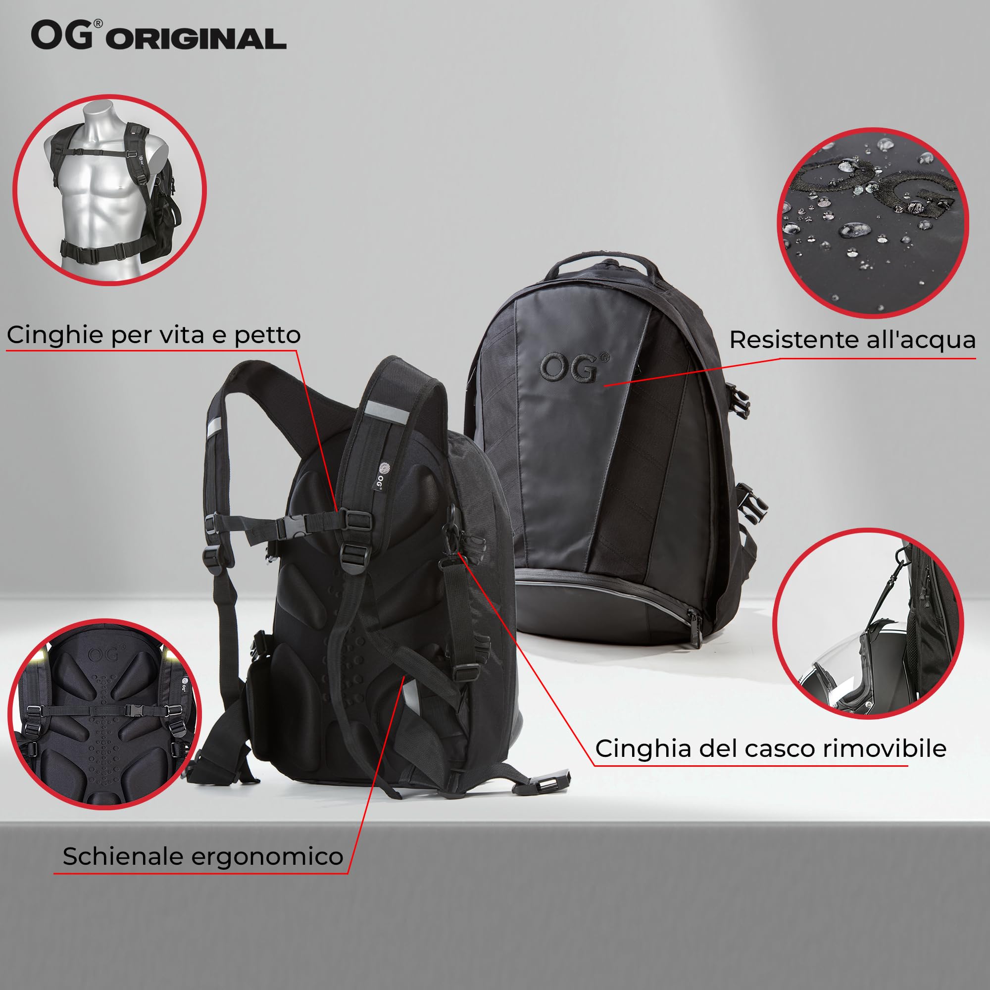 OG Original EZ-RiderPRO Zaino Moto Nero Espandibile 28-35L, Borsa Porta-Casco, Cinghia per Casco, Impermeabile, Portatile, Rifrangente, Logo Nero