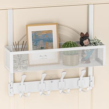 Over The Door Hooks Organizer, Over The Door Coat Rack with 12 Coat Hooks, Door Hanger Towel Rack, Back of Door Storage for Bedroom, Kitchen, BathroomWhite