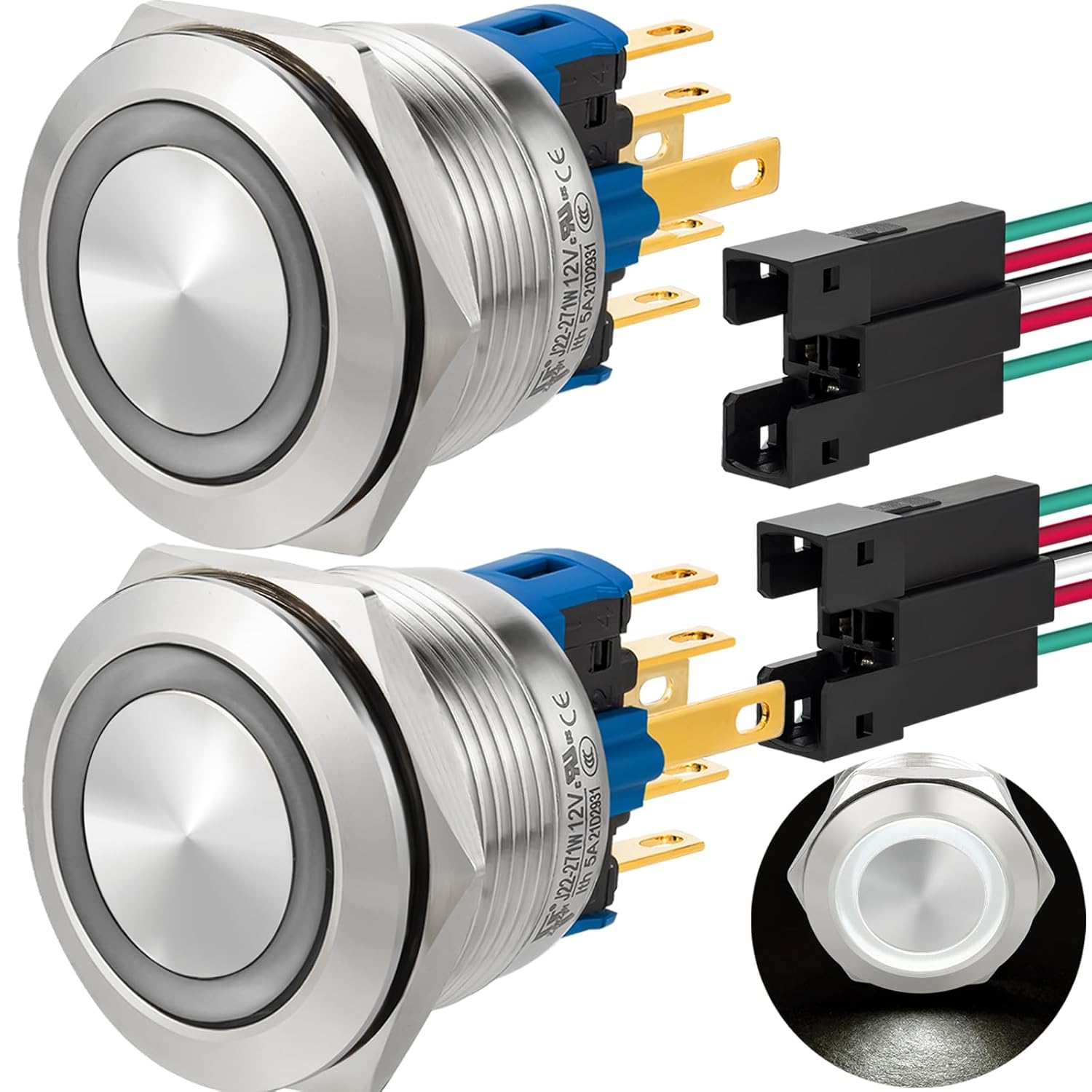 UL Listed 22mm Latching Push Button Switch; 2Pcs 12V SPDT 1NO 1NC On Off with lED Lamp 7/8" Waterproof IP67 Stainless Steel 304 with Wire (White, Latching,12V)