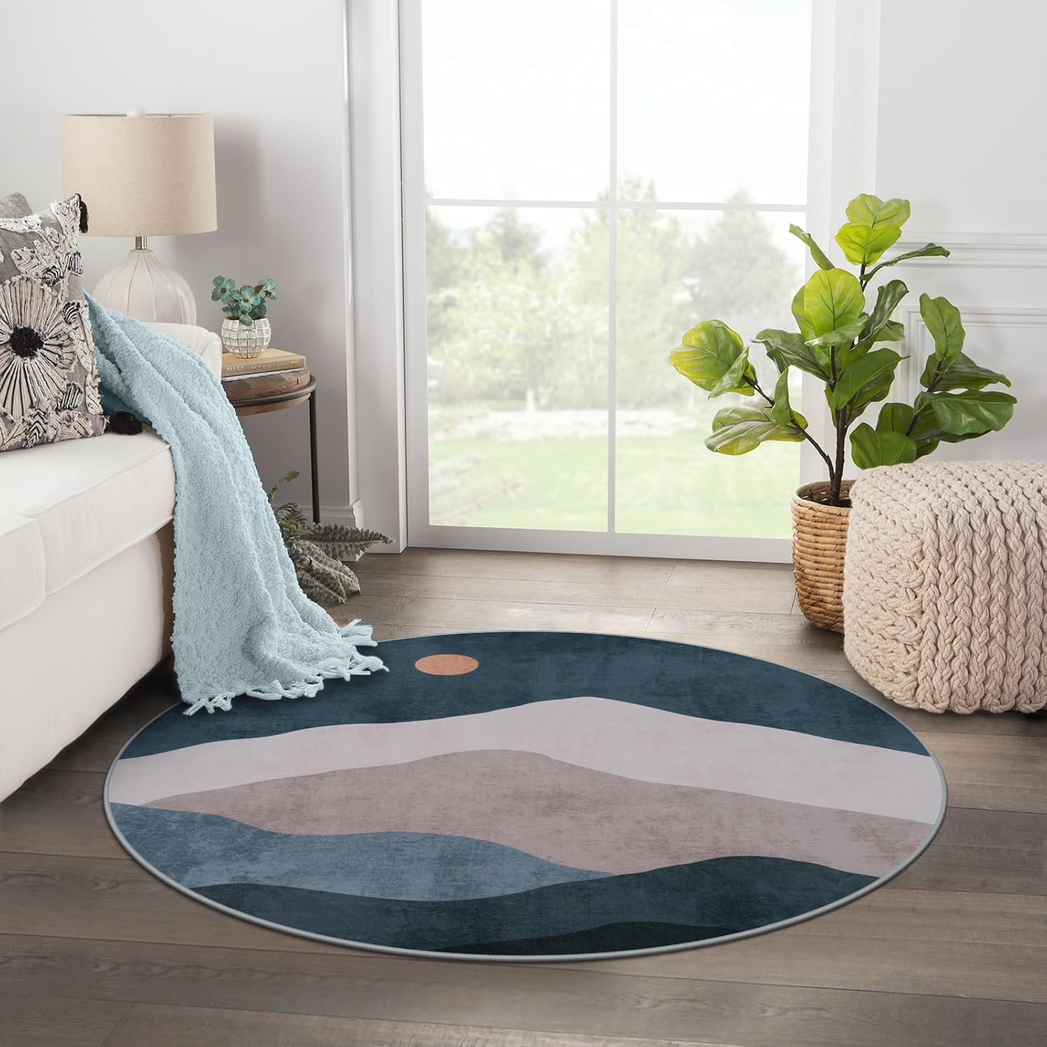 3ft Abstract Round Rug,Boho Washable Non-Slip Mountain Rugs for Entryway,Soft Ultra-Thin Small Indoor Throw Rugs for Bedroom/Bathroom/Laundry Room/Kitchen (Blue)