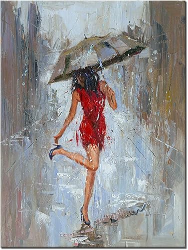 Arte de lienzo abstracto grande para pared, lluvia, impresión moderna, pintura de niña con paraguas y vestido rojo caminando en la calle, obra de