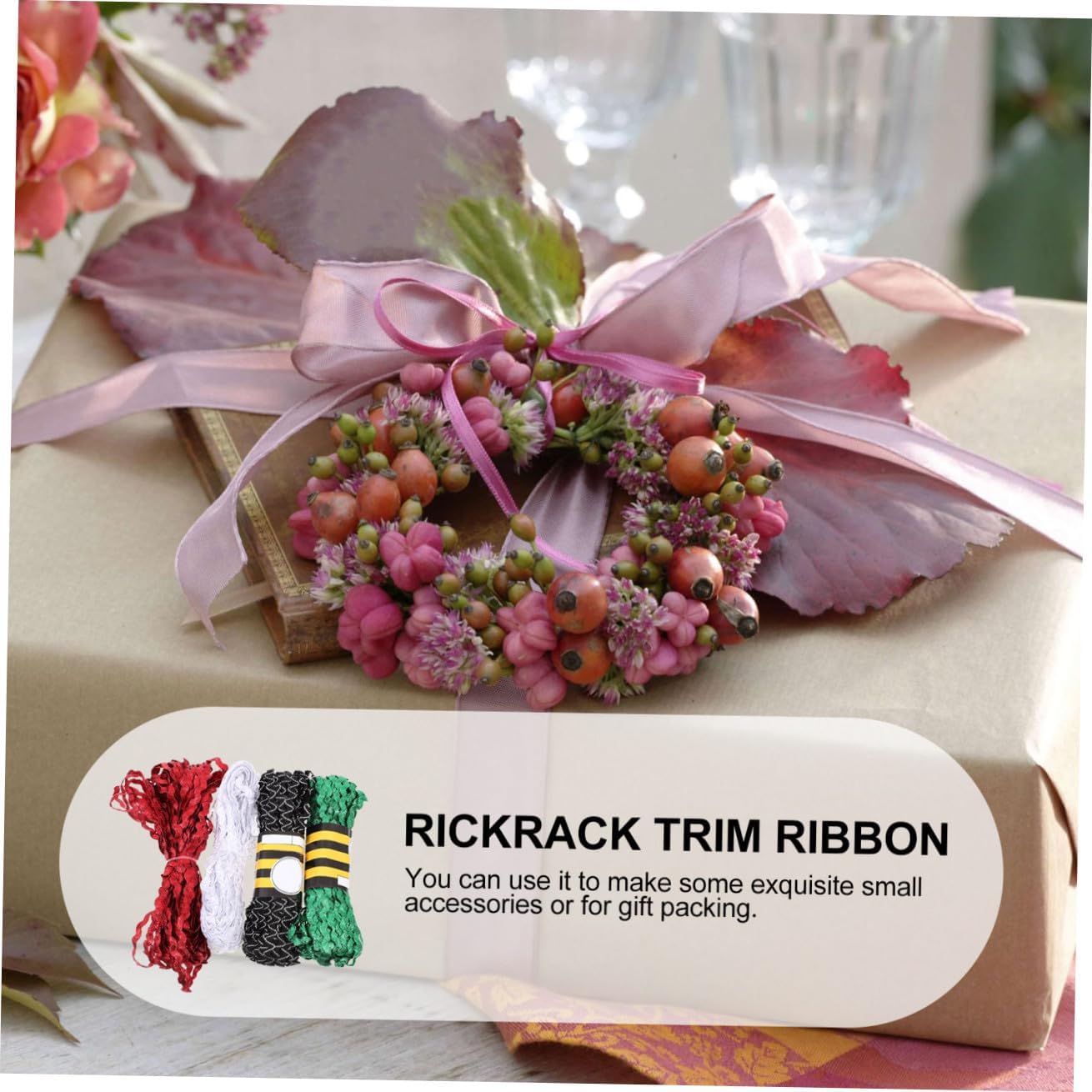 SUPVOX 4 Rolls 5mm Waving Rickrack Ribbon Sewing Trim for DIY Crafts and Dressmaking, Red Green White Black White Color, Decorative Edge Ribbon for Sewing and Handcraft Projects