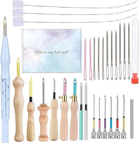 Kit de 28 agujas perforadoras para bordar, herramienta de aguja perforadora ajustable, bolígrafo de bordado de mango de madera, paño de aguja de