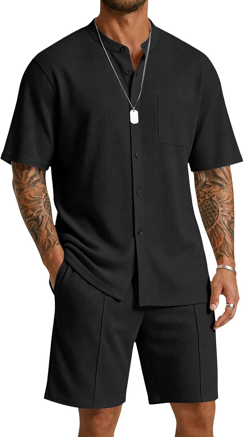 HJINGSUN Mens 2 Piece Short Set Waffle Band Collar Outfits | Weekend Travel, Casual Hangouts, Music Events, Resort Lounging, Warm-Weather Strolls, Vacation Photo Moments, Social Meetups