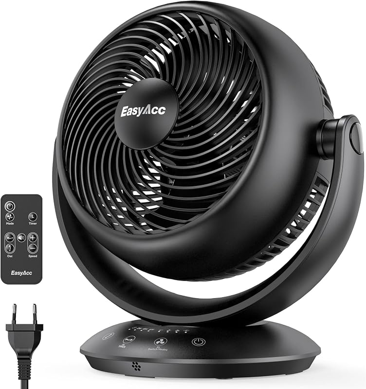 EasyAcc 12 Inch Quiet Fans for Bedroom, Air Circulator Desk Fan with Remote, 3D Auto Oscillating Table Fan for Whole Room, 65ft Powerful Airflow, 90° Vertical+90°, 12H Timer, 25dB Bedside Fan, Home