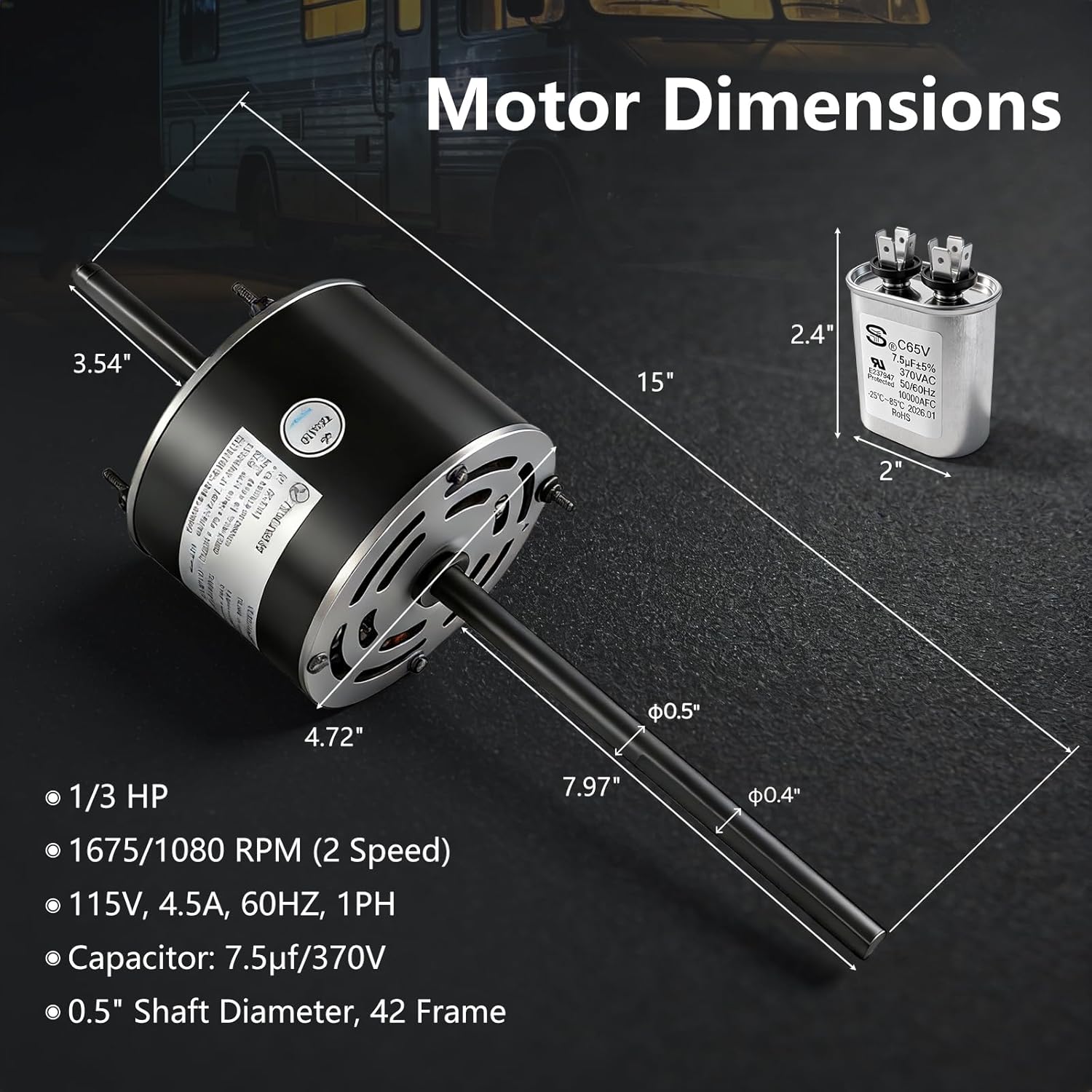 RV AC Fan Motor Replaces Fasco D1092, Compatible with Coleman mach 1468-306, 1468-3069, 7184-0156, 7184-0432, 7855MVA-A11U, RV Air Conditioner Motor with Capacitor, 1/3 HP, 115V, 1675/1080RPM 2-Speed