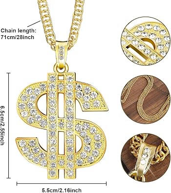 2pcs Gold Chain for Men - Halloween Fake Money Chains,Big Silver Dollar Sign Necklace,Hip Hop 70s 80s 90s Costume