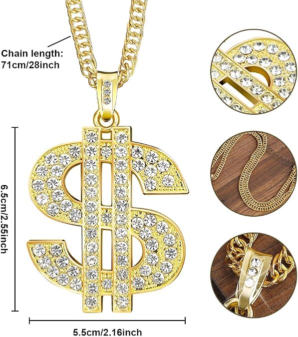 2pcs Gold Chain for Men - Halloween Fake Money Chains,Big Silver Dollar Sign Necklace,Hip Hop 70s 80s 90s Costume