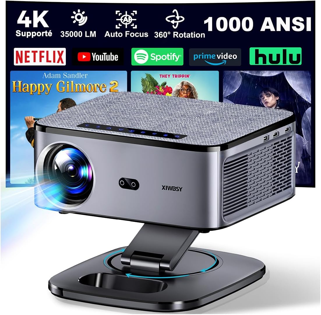 【1000 Ansi y enfoque automático】 Proyector XIWBSY 4K compatible con WiFi 6 y Bluetooth 5.3, gira 360°, 35000 lúmenes, proyector Android Home Cinema Video, proyector portátil 4K