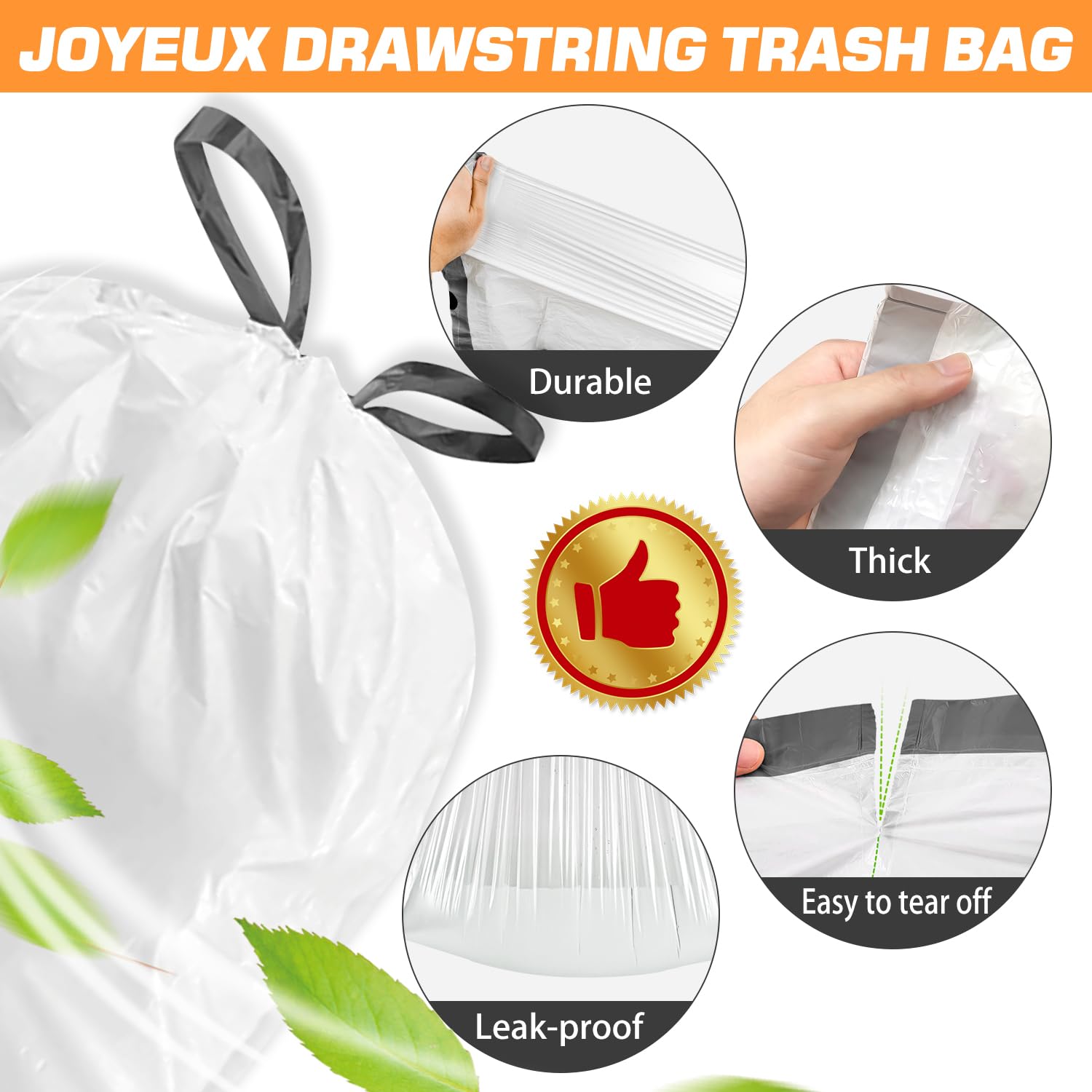 Small Trash Bags 4 Gallon - 60 Count Drawstring Unscented Small Garbage Bags, White Trash Can Liners for Bathroom, Bedroom, Office