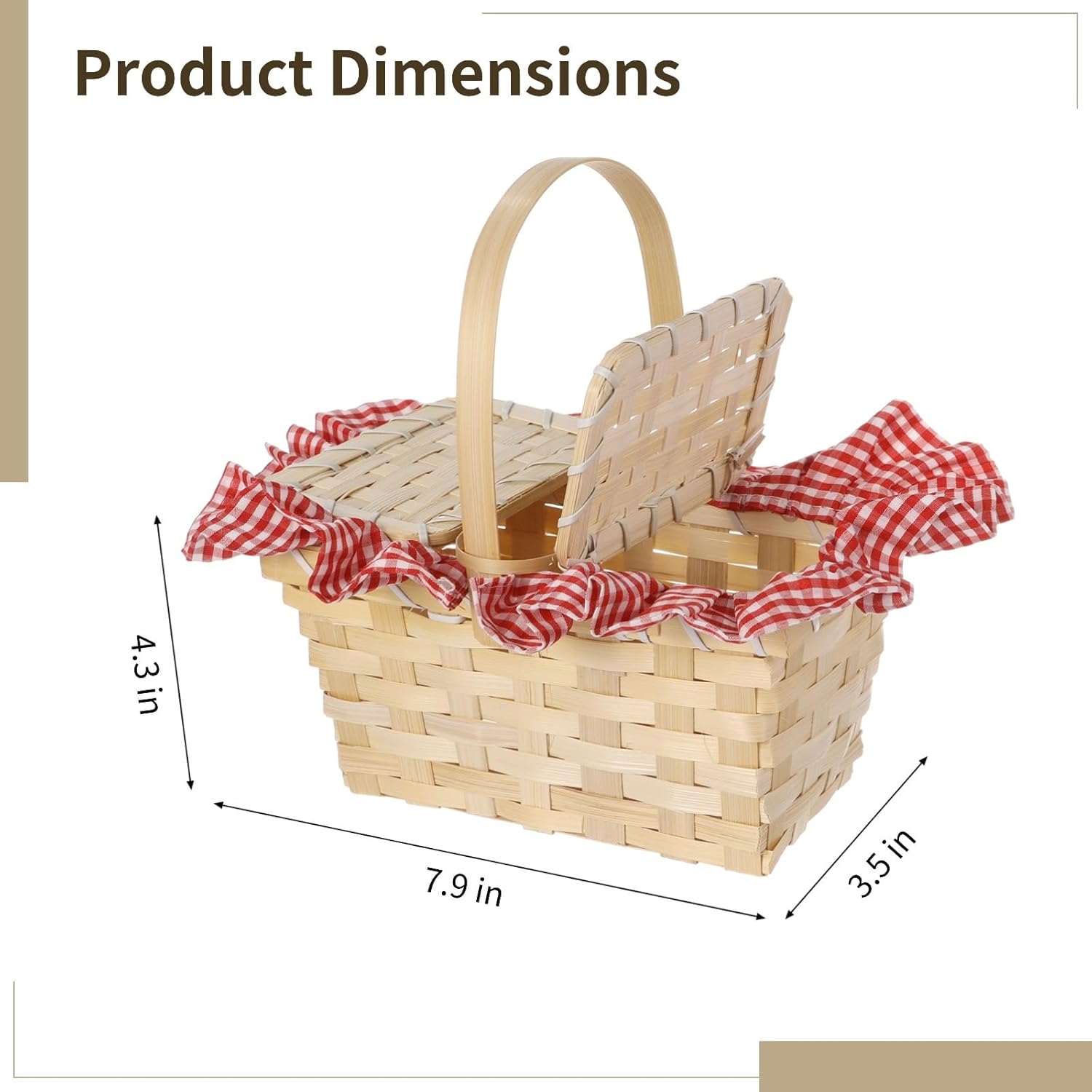 Picnic Basket, Wood Woven, 7.9 X 3.5 X 4.3 in Mini Hamper with Red Gingham Cloth, Handle and Removable Lid, Costume Accessory