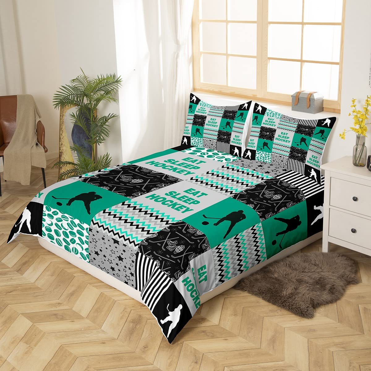 Ice Hockey Bedding Set Kids Hockey Player Hockey Punk Comforter Cover Set for Boys Girls Men Winter Sports Duvet Cover Breathable Green Grid Geometric Bedspread Cover Room Decor Quilt Cover Queen