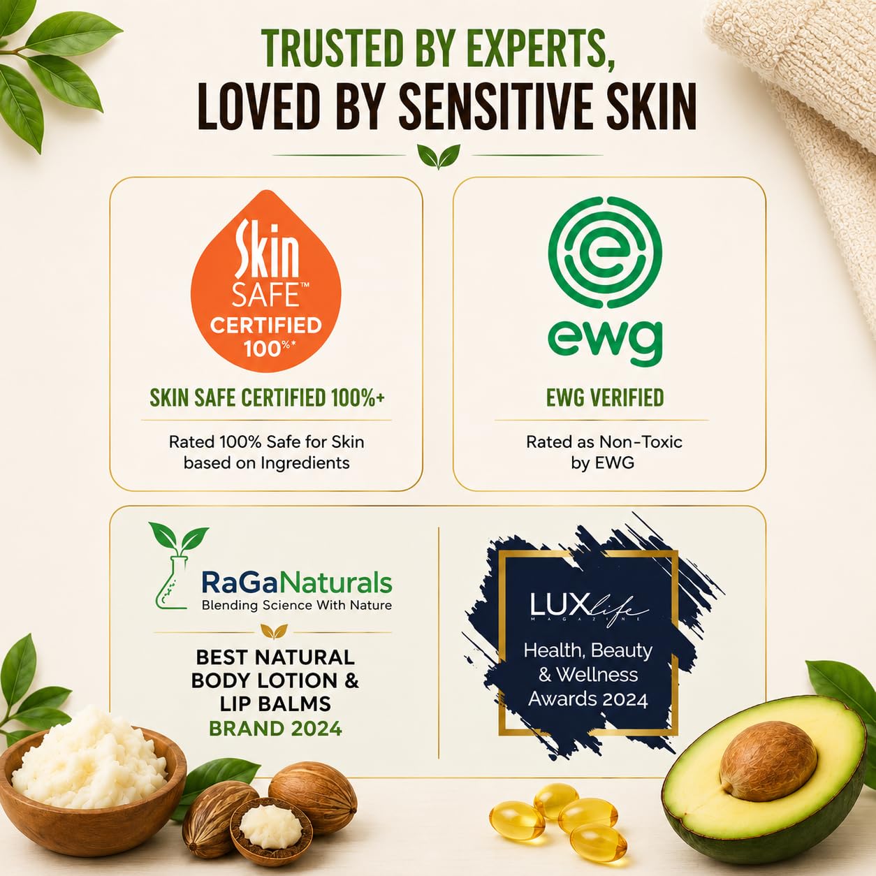 RaGaNaturals Balsam do ciała bez perfum, masło shea, argan, awokado, witamina E i B5, pochodzenia roślinnego, całkowicie naturalny, aromatyczny.