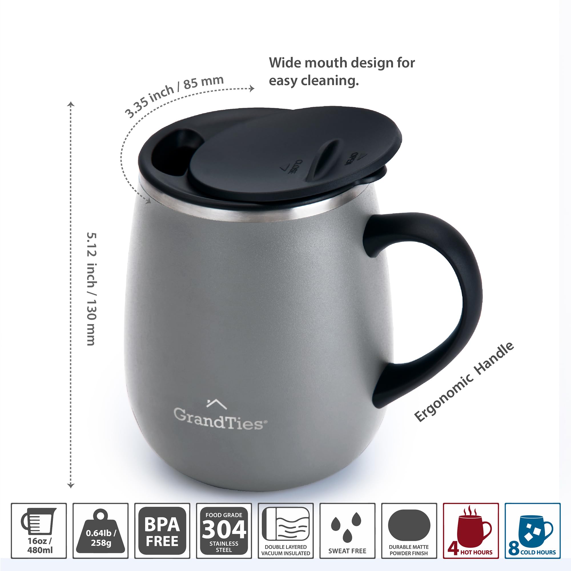 GRANDTIES Thermal Coffee Mug with Handle - Sliding Lid for Splash Guard 480 ml - Stone Grey, L, Grey, Gray, Large (Pack of 1) - Image 4