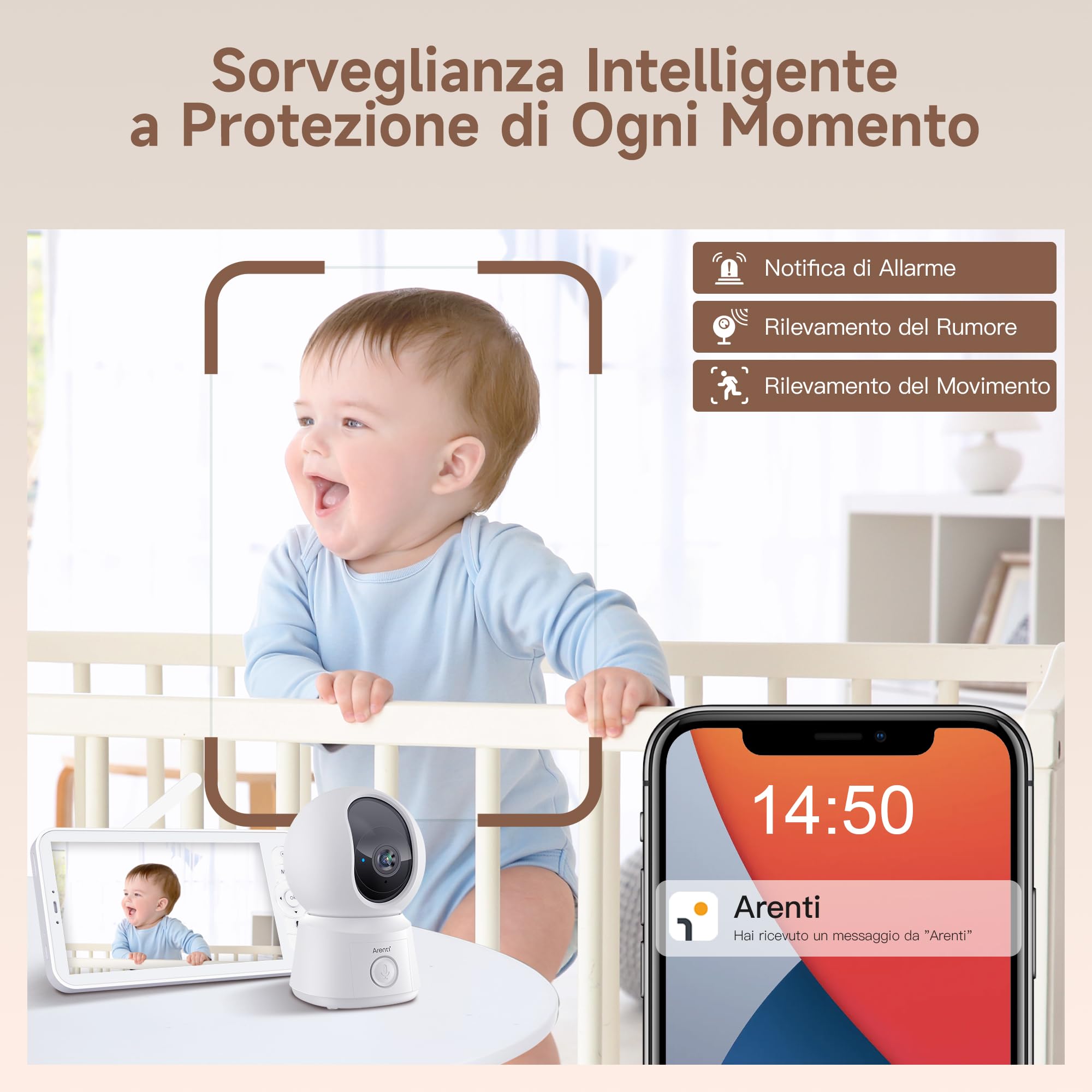 ARENTI 1080P Baby Monitor Video e Audio, Telecamera Bambini con Monitor 5'', Rilevamento di Rumore/Movimento/Zone Pericolose, Monitoraggio Temperatura, Audio Bidirezionale, Compatibile con Alexa