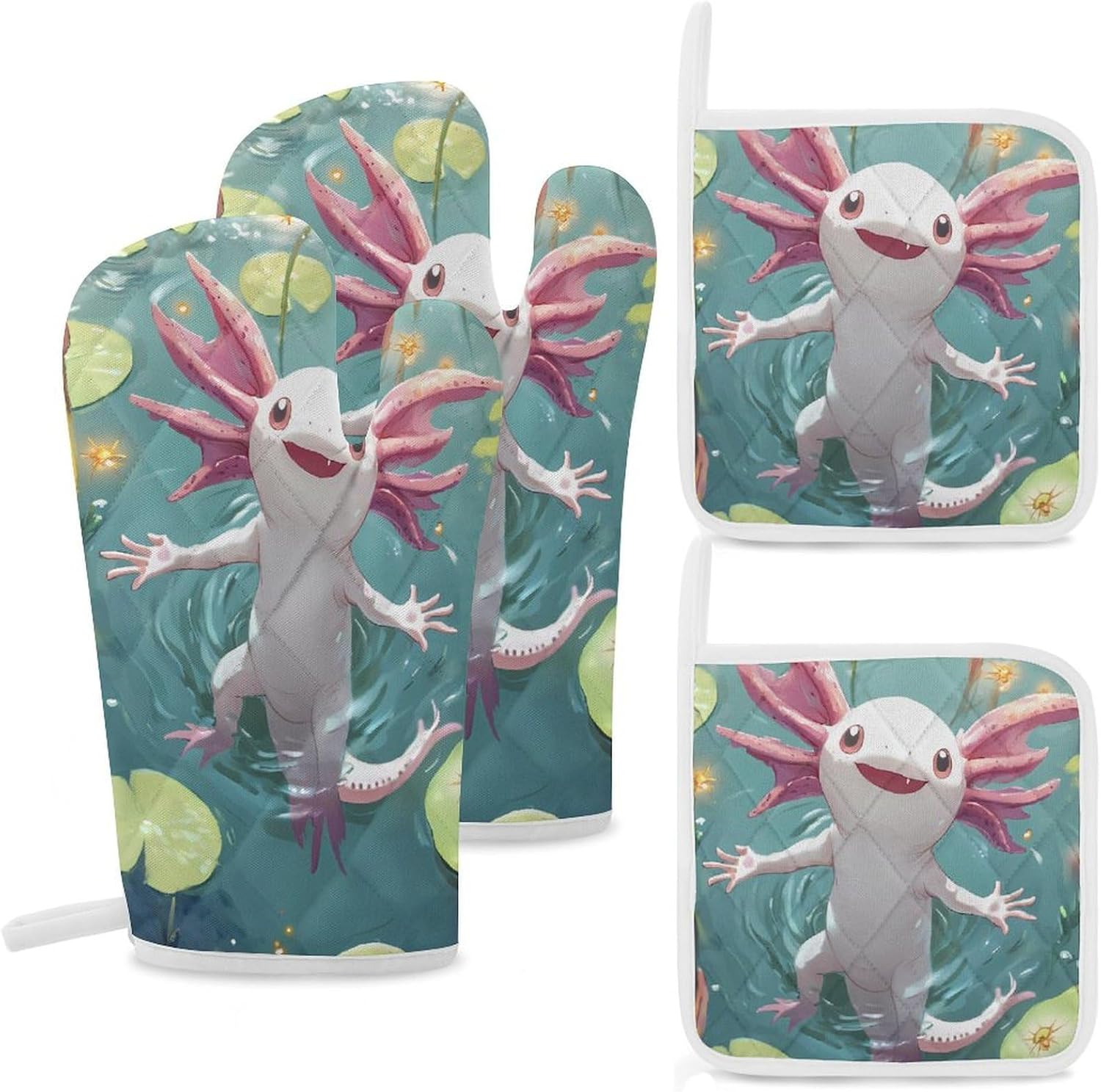 Axolotl in The Pond Oven Mitts and Pot Holders 4Pcs Set Heat Resistant Cooking Mitts Hot Pads
