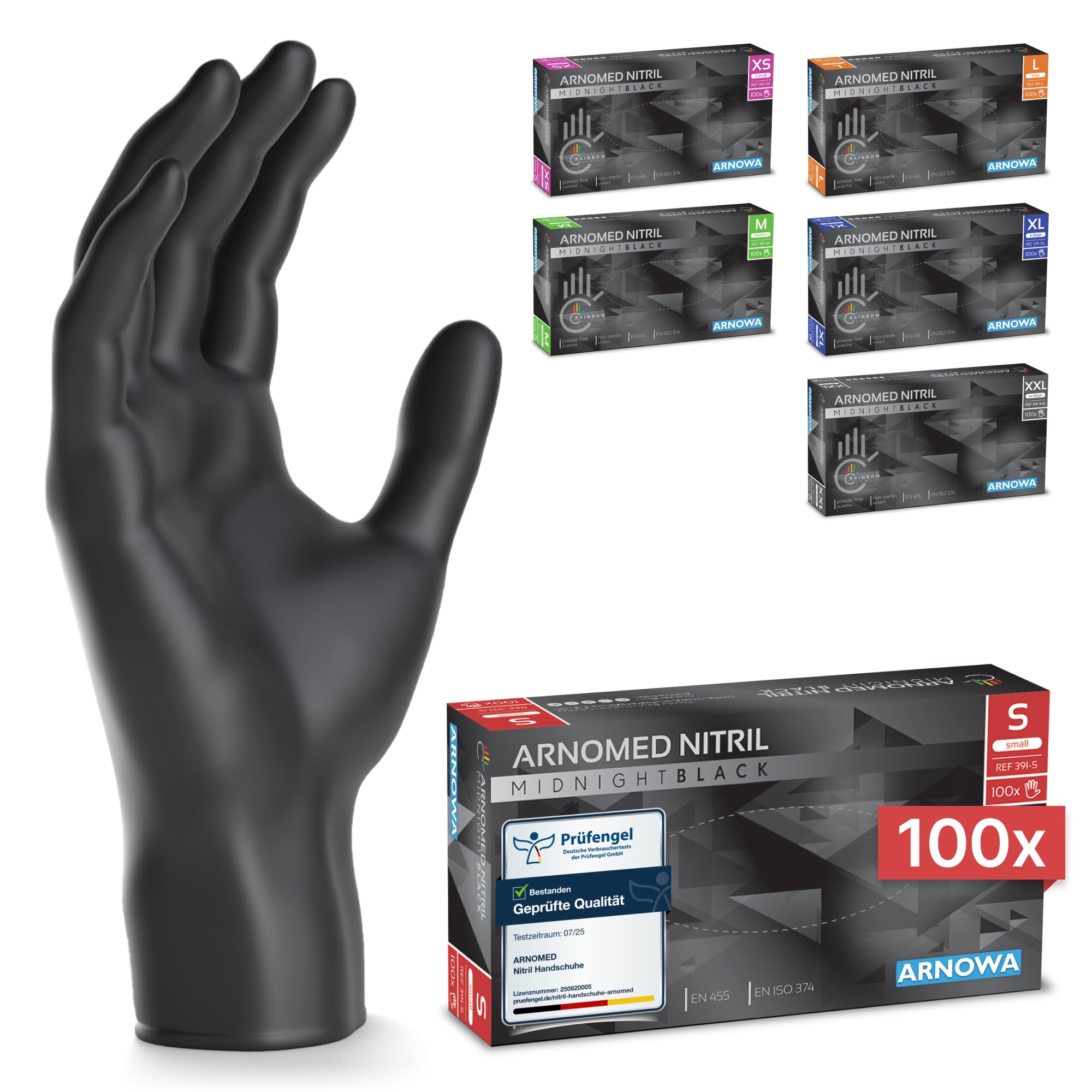 ARNOMED Einweghandschuhe Midnight Black Nitril – 100 Stück/Box, puderfrei & latexfrei, Gr. S-XL