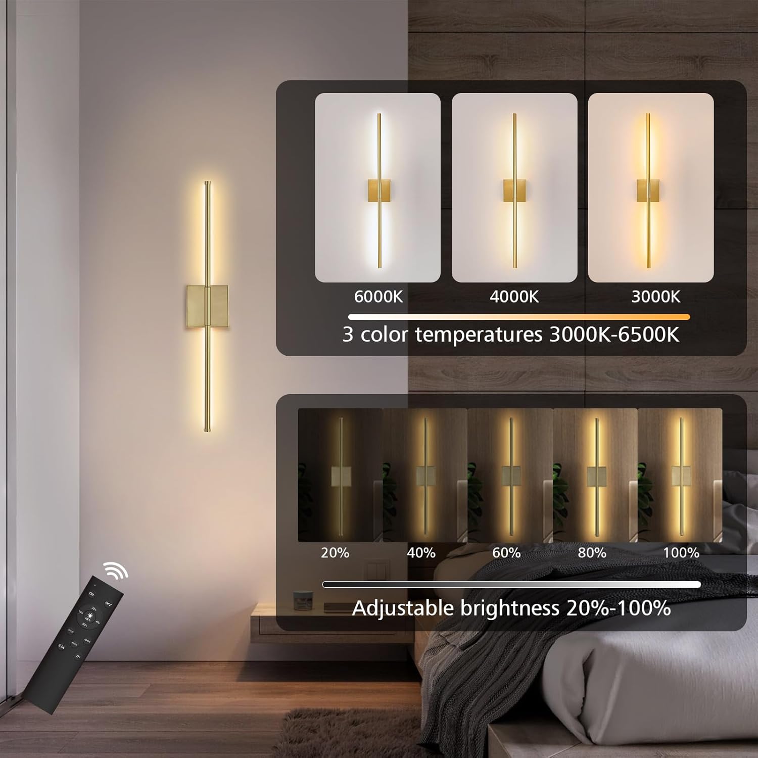 Wall Sconces Battery Operated, Wall Sconces 3000K-6000K Dimmable Rechargeable Wall Sconce with Remote Control, 350°Rotate LED Wireless Wall Lights for Living Room, Hallway, Bedroom (Gold)