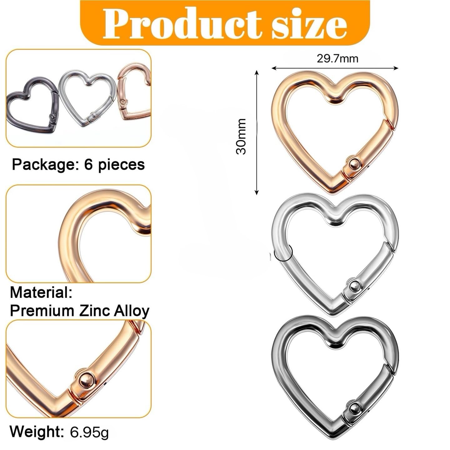6 PCS Heart Shaped Carabiner, Cute Carabiner Clip for Backpack