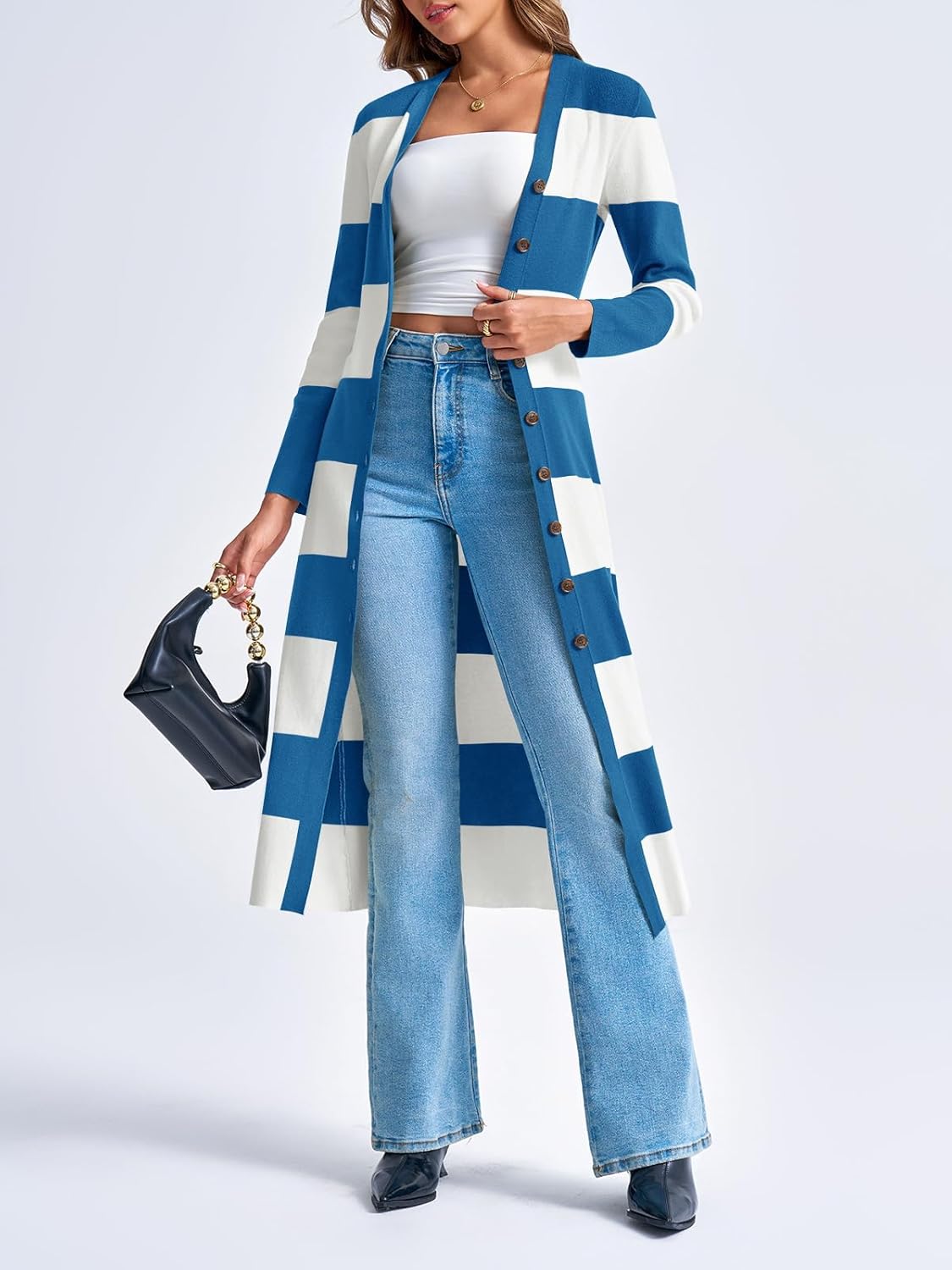 Saodimallsu Womens Striped Sweater Dress Button V Neck Long Sleeve Knit Fall Trendy Bodycon Midi Dresses Cardigans - Image 5