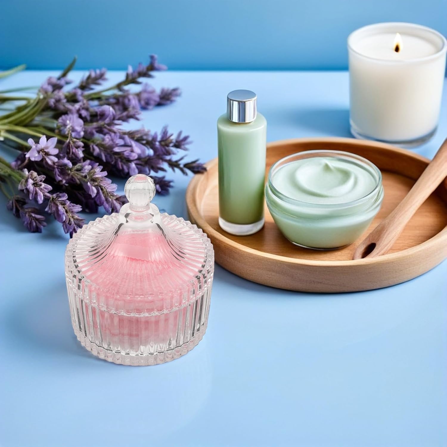 VOSAREA Glass Powder Jar with Long Plush Velvet Powder Puff Set Refillable round Glass Container with Ribbon Handle and Detachable Lid for Nursery Use