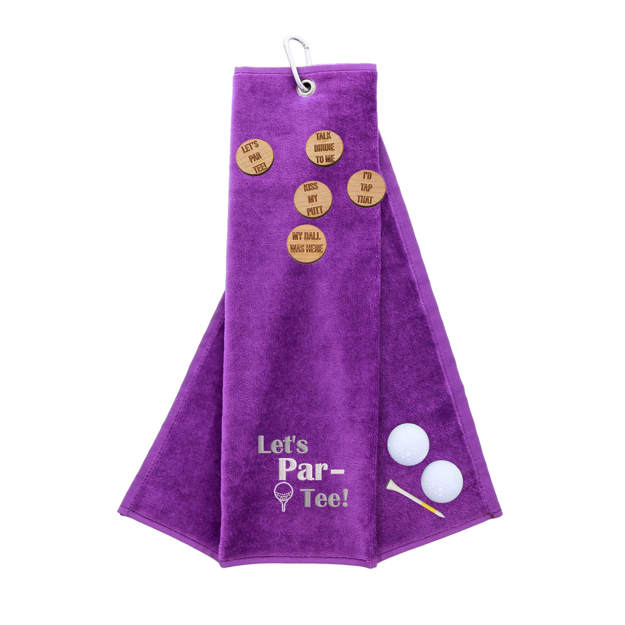 aztex Funny Trifold Golf Towel and Comedy Wooden Ball Marker Set Gift for Men, Carabiner Clip for Golf Bags, Let's Par-Tee, Purple