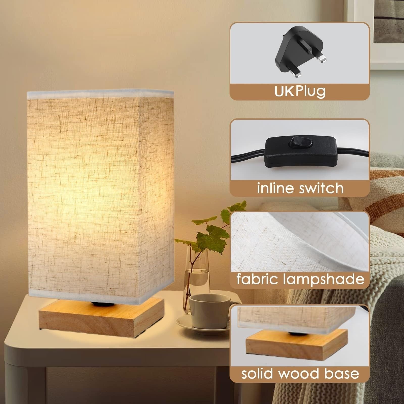 Small Bedside Lamps, 3 Color Temperature Table Lamp Minimalist Small Nightstand Bedroom Lamp with Square Fabric Shade - Image 3